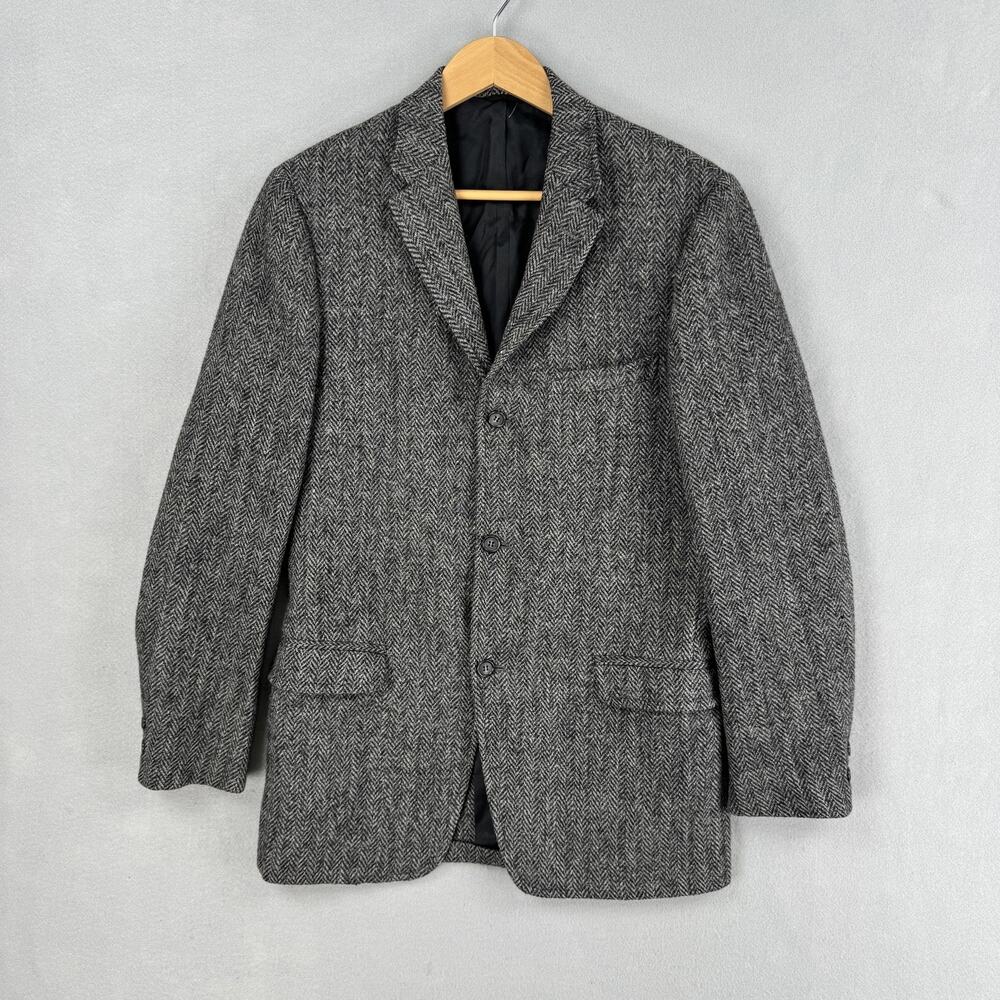 Vintage John Roberts Sport Coat Mens 38 Gray Wool Herringbone Harris Tweed